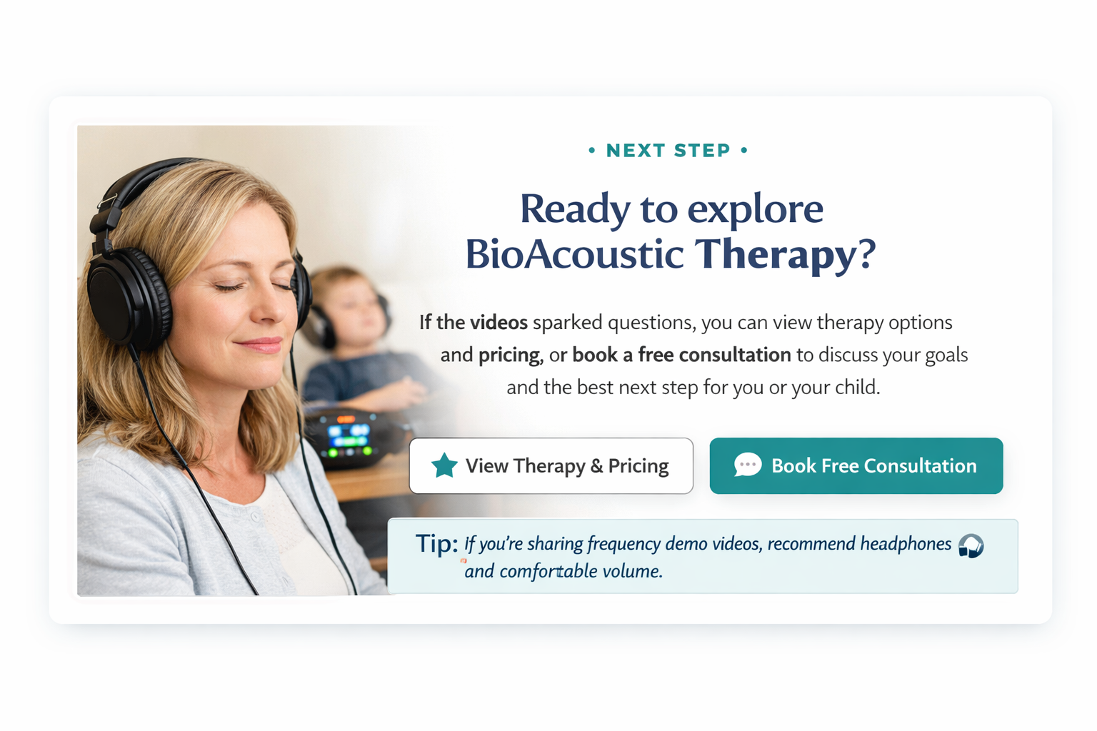 Ready to explore BioAcoustic Therapy? View therapy and pricing or book a free consultation.